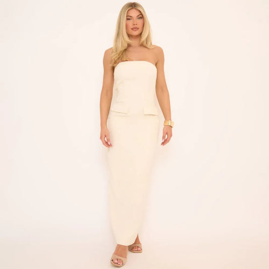 Bandeau Pocket Detail Maxi Dress In Cream