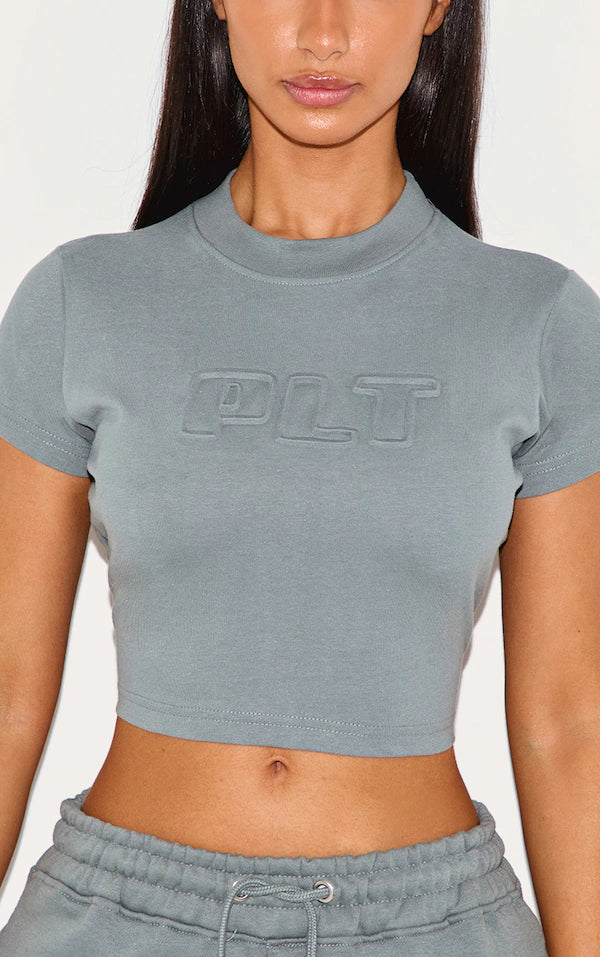 Petite Teal PLT Embossed Cropped Baby Tee