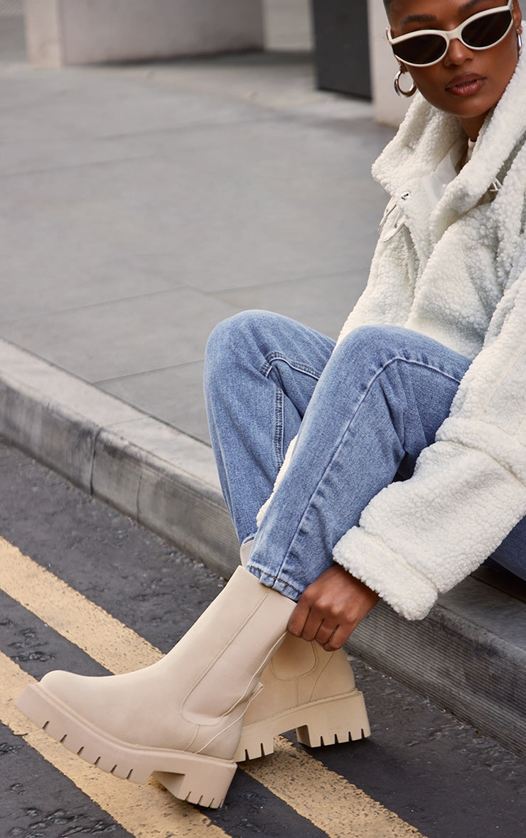 CREAM WIDE FIT FAUX SUEDE RIBBED CHUNKY SOLE CHELSEA ANKLE BOOTS