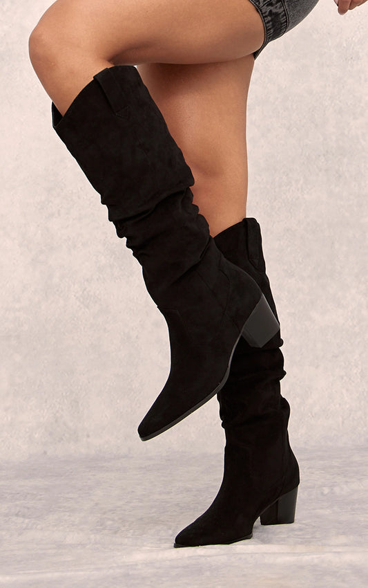 BLACK FAUX SUEDE POINT TOE RUCHED KNEE HIGH HEELED WESTERN BOOTS