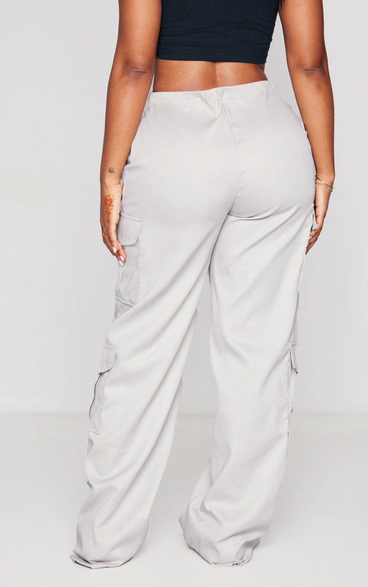 Shape Light Grey Cargo Fold Waistband Pocket Detail Pants