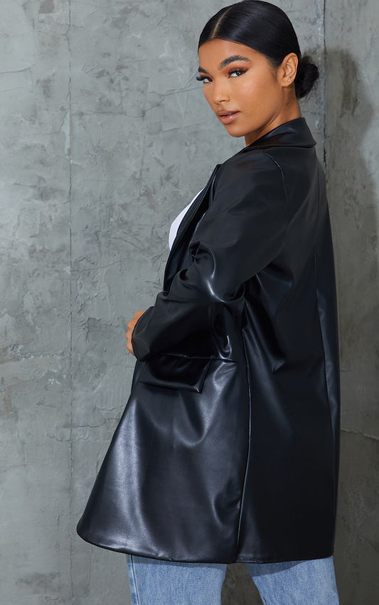 Black PU Pocket Look Double Button Blazer