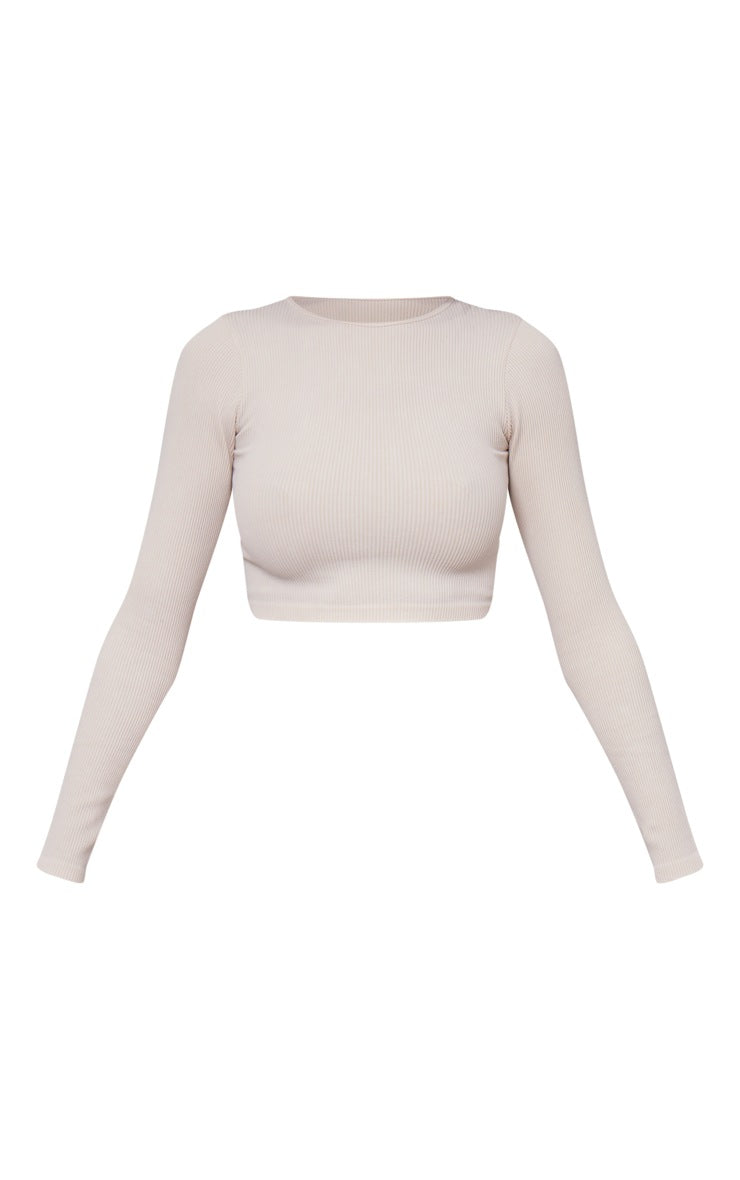 Stone Washed Snatched Rib Long Sleeve Longline Top