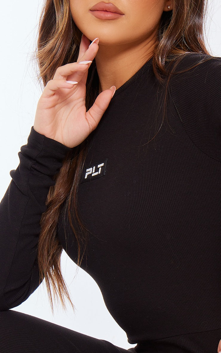 Black Ribbed Long Sleeve Jumpsuit