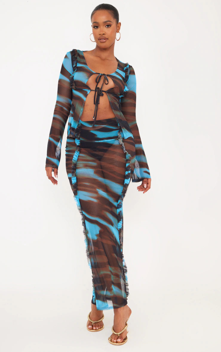 Shape Blue Animal Printed Mesh Ruffle Detail Maxi Skirt