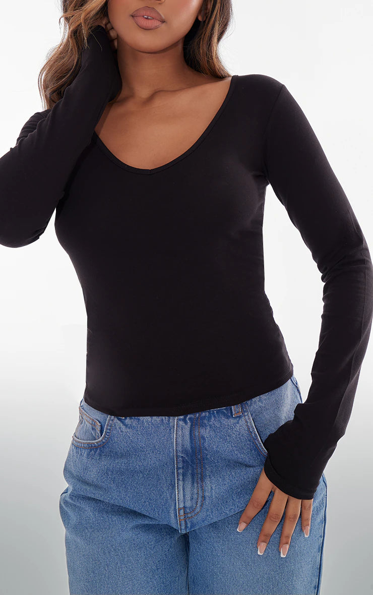 Basic Black Cotton Blend Longline Long Sleeve Top