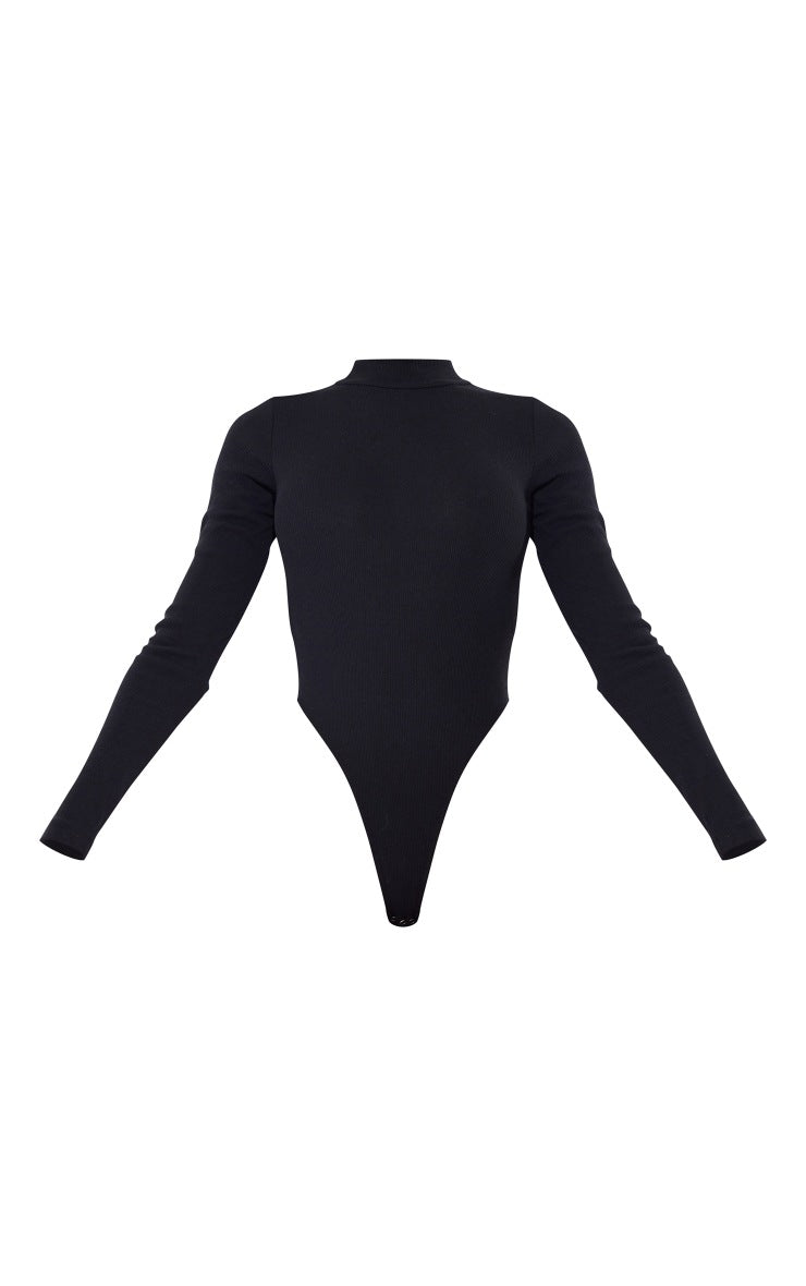 Black Ribbed High Neck Long Sleeve Bodysuit