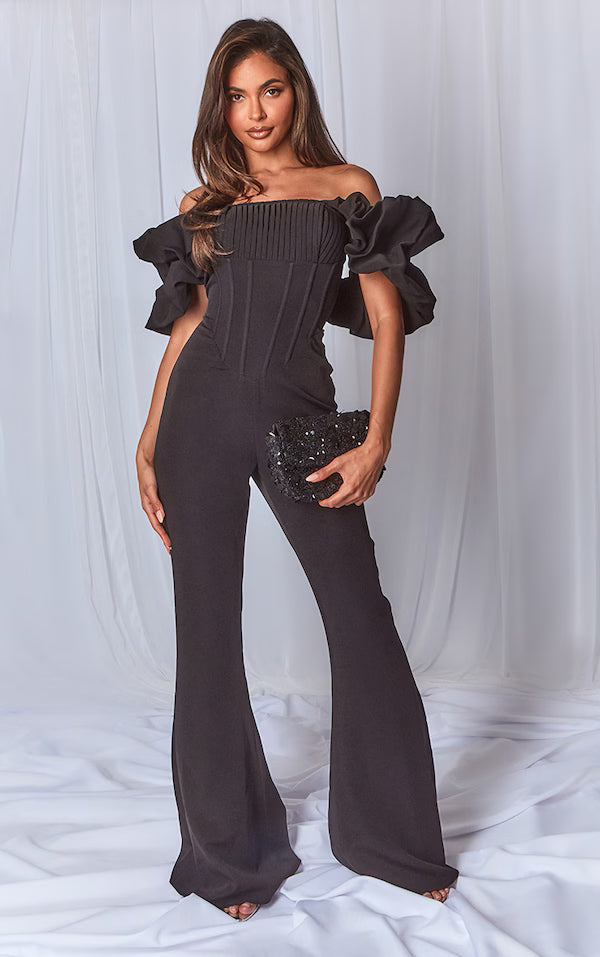Black Woven Pleated Corset Detail Bardot Frill Jumpsuit.