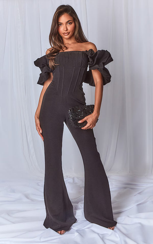 Black Woven Pleated Corset Detail Bardot Frill Jumpsuit.