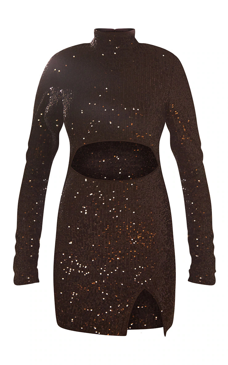 Black Sequin High Neck Long Sleeve Cut Out Split Hem Bodycon Dress