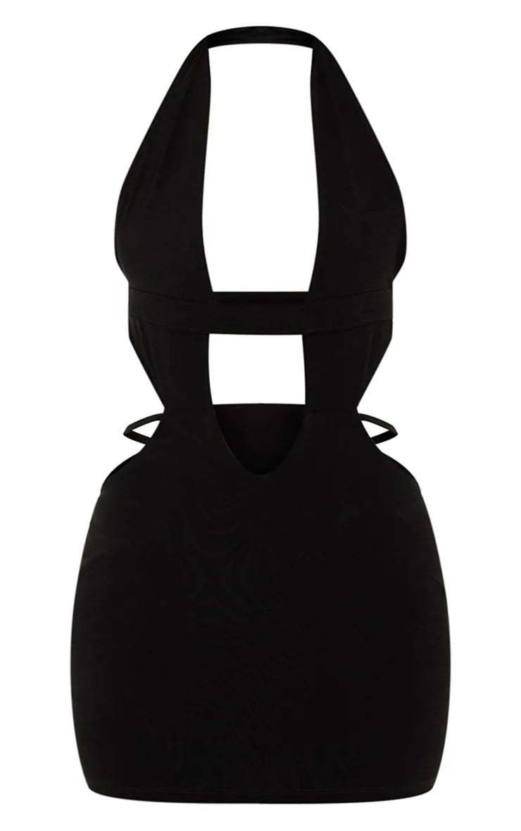 Black Cut Out Plunge Neck Bodycon Dress