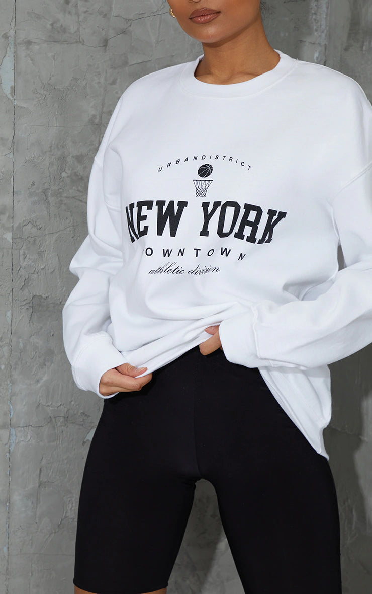 White New York Downtown Slogan Printed Sweatshirt