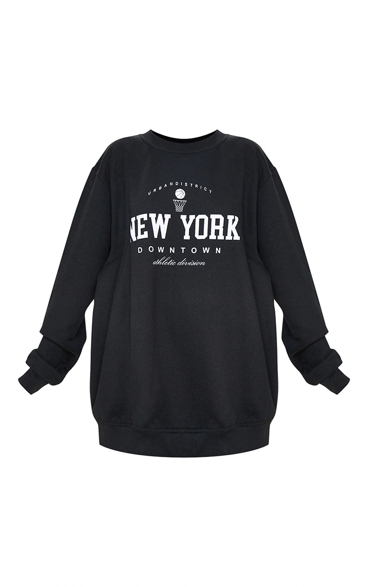 Black New York Downtown Slogan Printed Sweatshirt