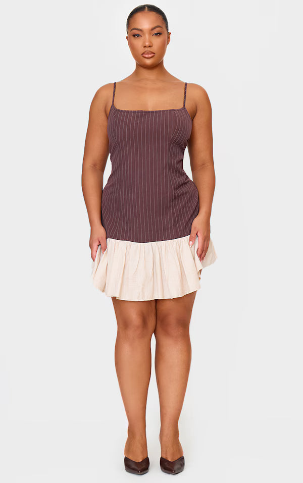 Plus Brown Contrast Pinstripe Frill Hem Shift Dress