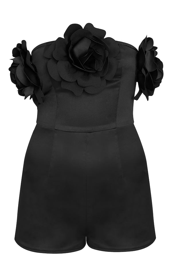 Black Satin Floral Corsage Detail Bandeau Romper