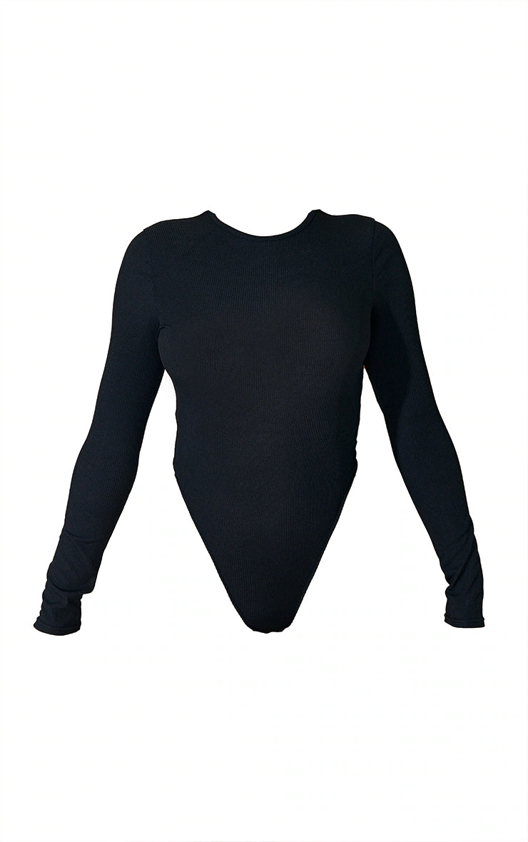 Black Basic Soft Ribbed Long Sleeve Bodysuit