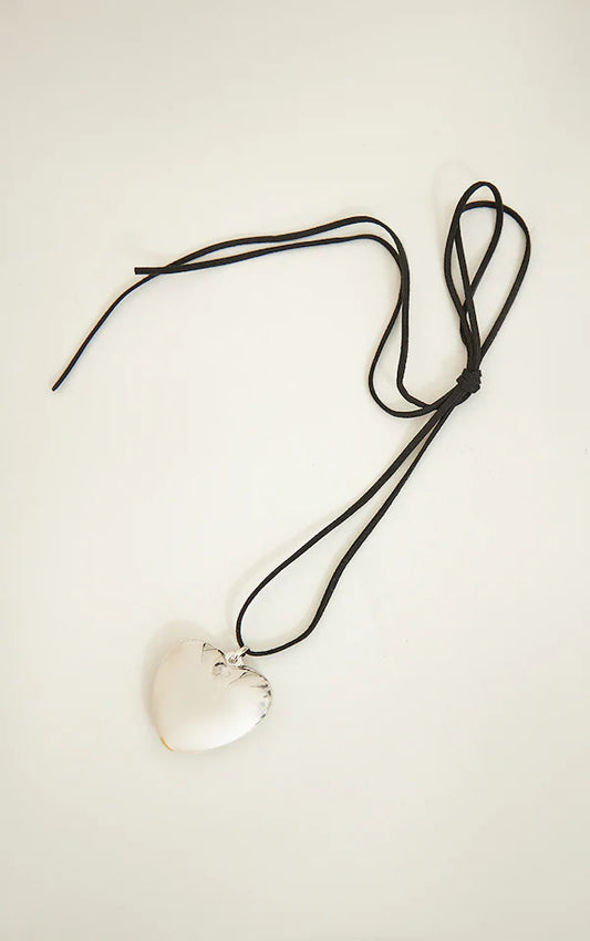 Silver Puff Heart Tie String Choker Necklace