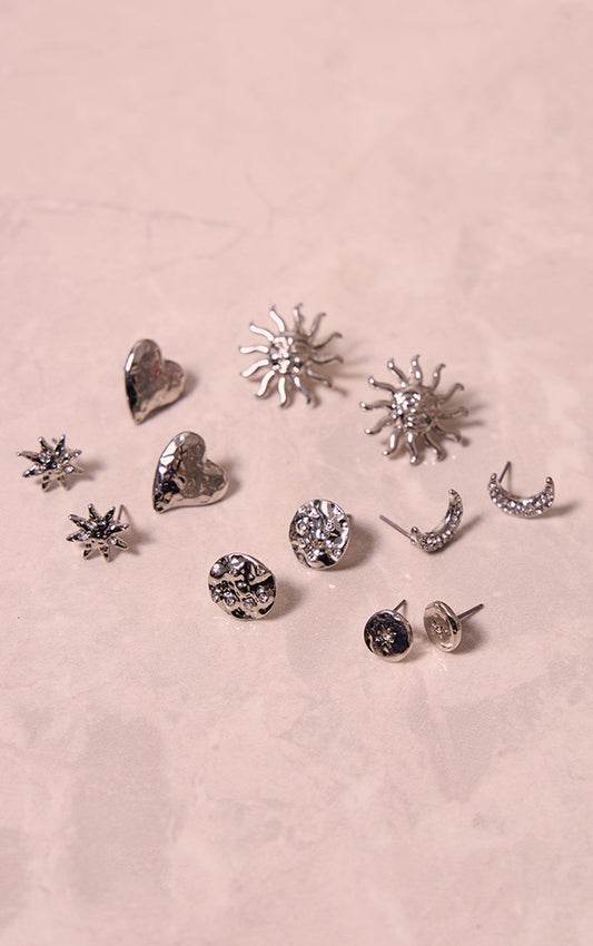 Silver Sun, Moon & Heart Diamante Earrings Multipack