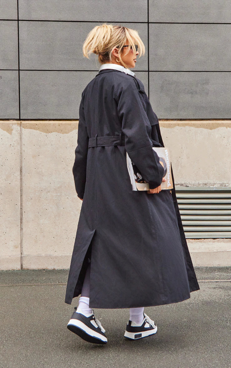 Black Belted Double Breasted Trench Coat