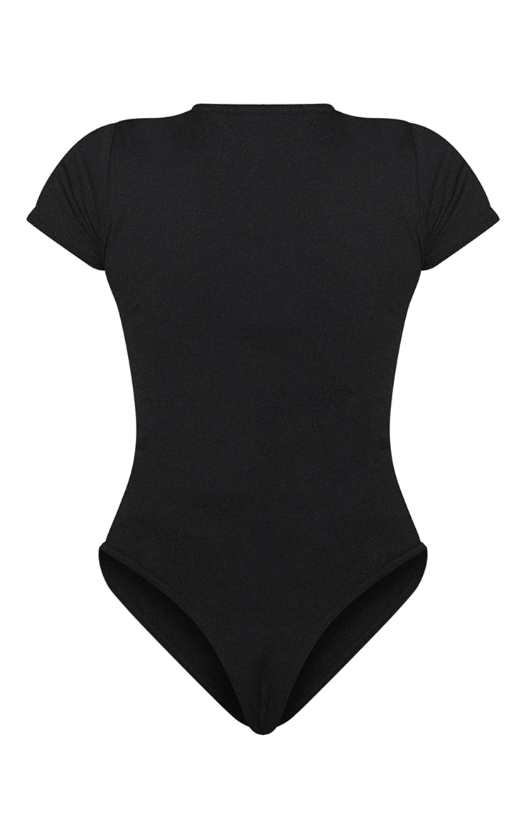Basic Black Cotton Blend Fitted Short Sleeve Bodysuit