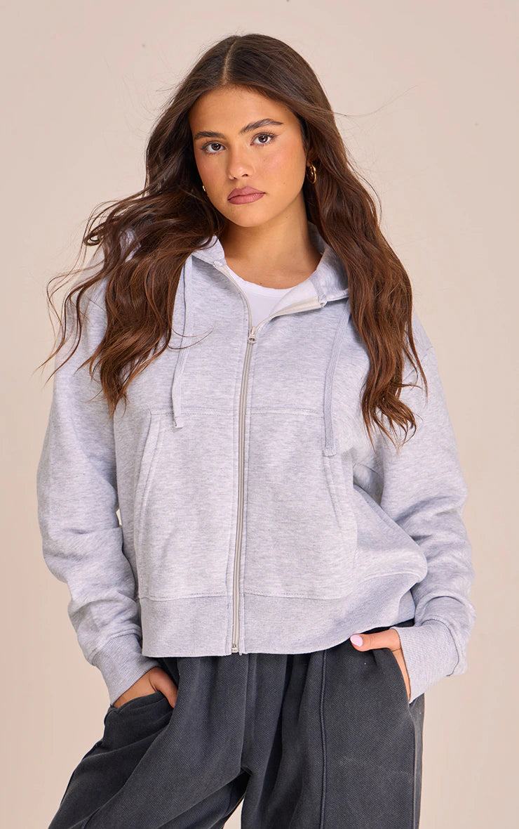 GREY MARL OVERSIZED HOODED ZIP UP SWEAT HOODIE