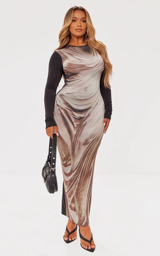 Shape Stone Slinky Body Print Long Sleeve Maxi Dress