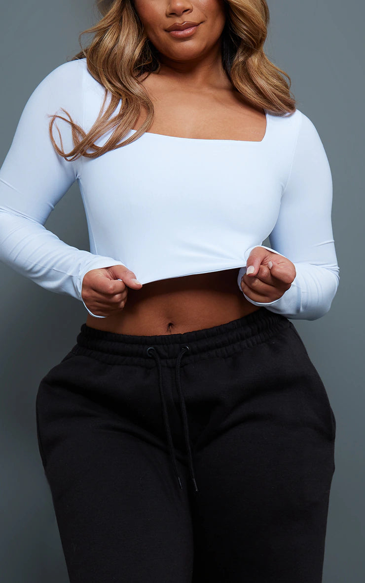 Shape White Slinky Long Sleeve Square Neck Crop Top