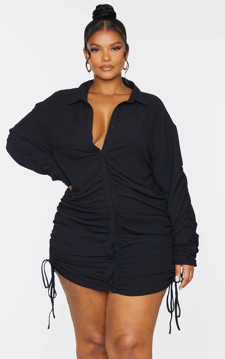 Plus Black Textured Ruched Side Shirt Dress