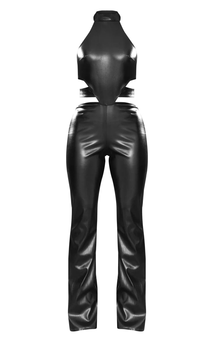 Black Matte Pu High Neck Cut Out Jumpsuit