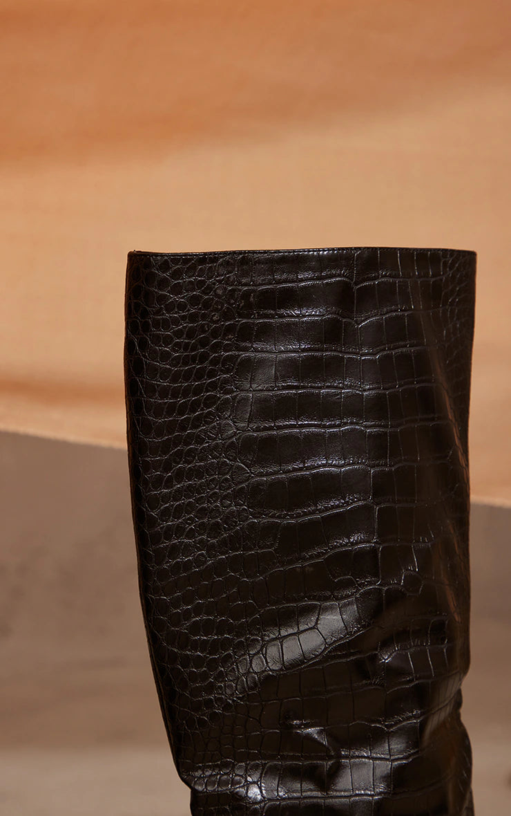 Black PU Croc Detail Point Toe Stiletto Heeled Knee Boots