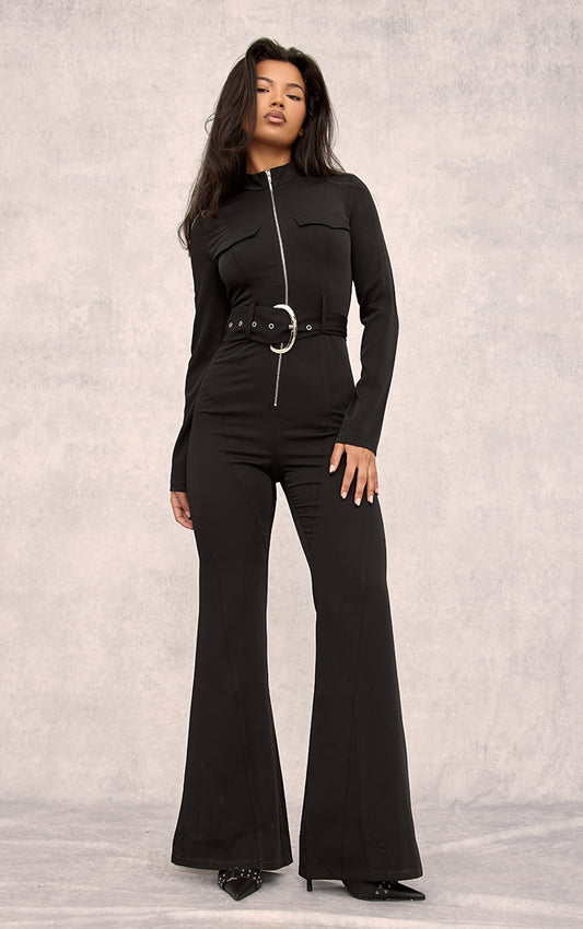 Black Zip Up Belted Tailored Cargo Jumpsuit