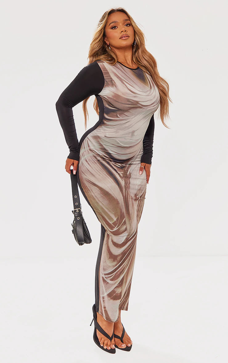 Shape Stone Slinky Body Print Long Sleeve Maxi Dress