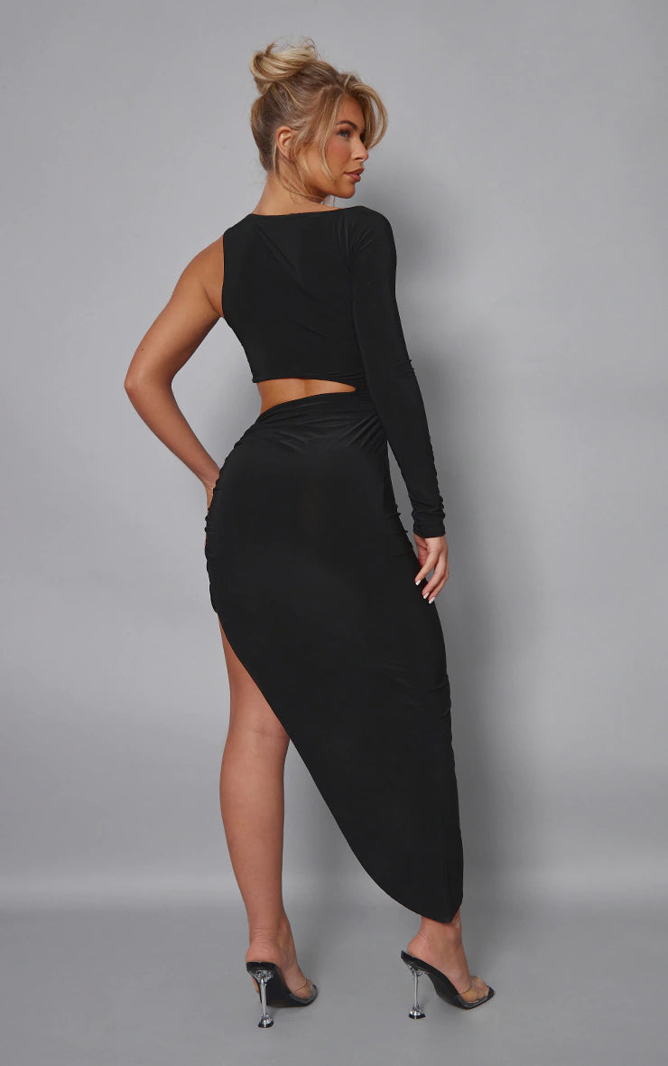 Black Slinky One Sleeve Cut Out Ruched Midi Dress