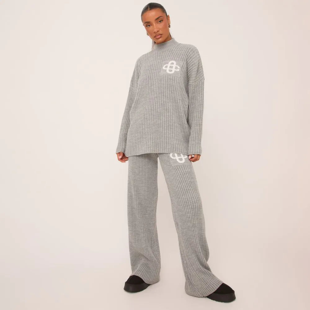 Long Sleeve High Neck Swirl Graphic Jumper In Grey Marl Rib Knit