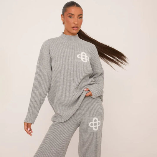 Long Sleeve High Neck Swirl Graphic Jumper In Grey Marl Rib Knit