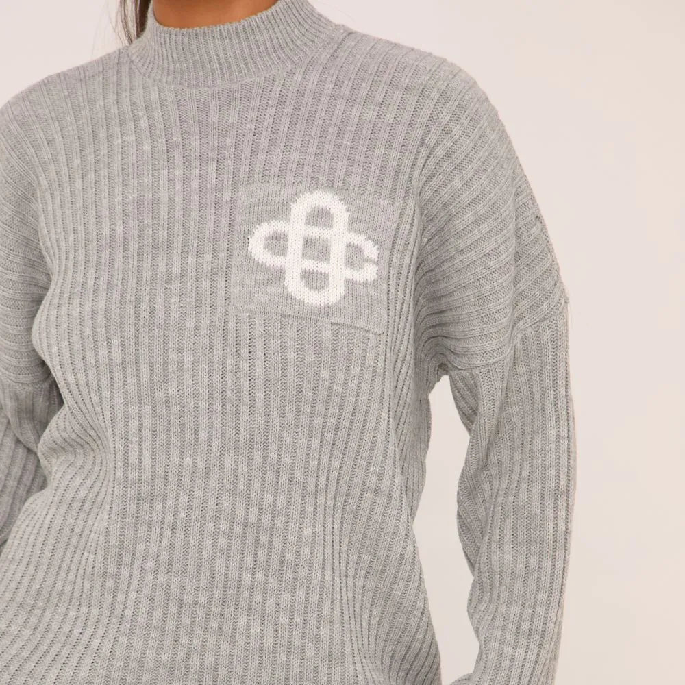 Long Sleeve High Neck Swirl Graphic Jumper In Grey Marl Rib Knit