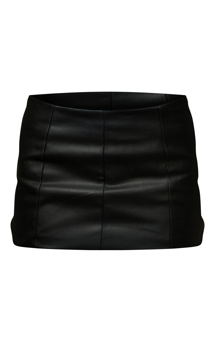 Black Coated Denim Low Rise Mini Skirt