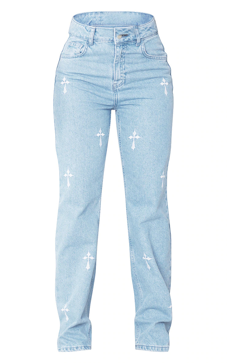 Light Blue Wash Cross Print Long Leg Straight Leg Jeans