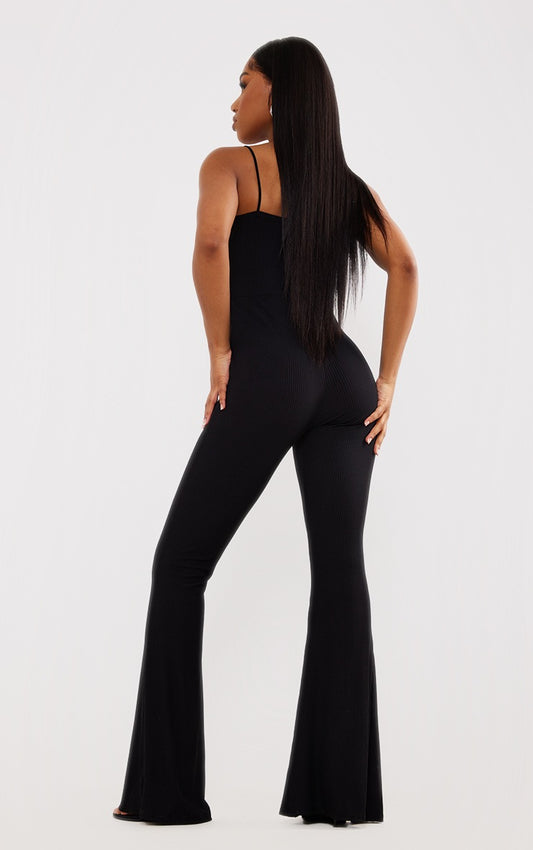 Black Ribbed Strappy Flared Split Leg Jumpsuit