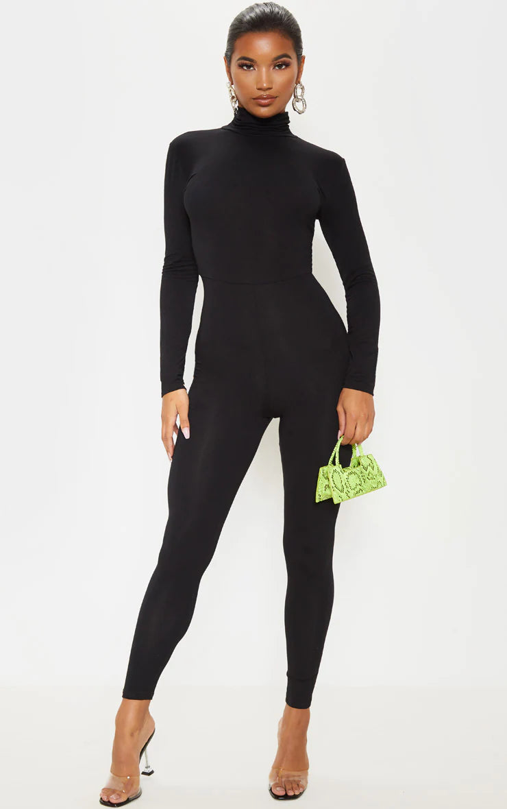 Black Roll Neck Long Sleeve Jumpsuit