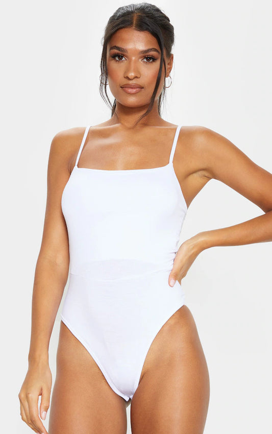 Basic Square Neck White Thong Bodysuit