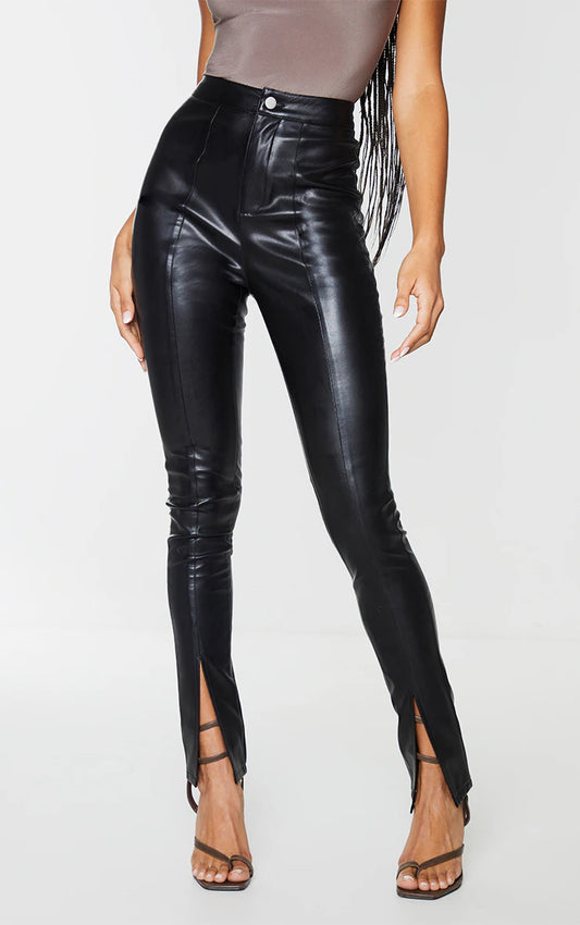 Black Split Hem Faux Leather Skinny Trousers