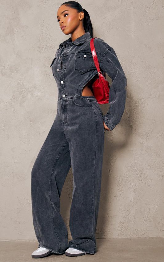 WASHED GREY CUT OUT FRAYED DETAIL DENIM JUMPSUIT