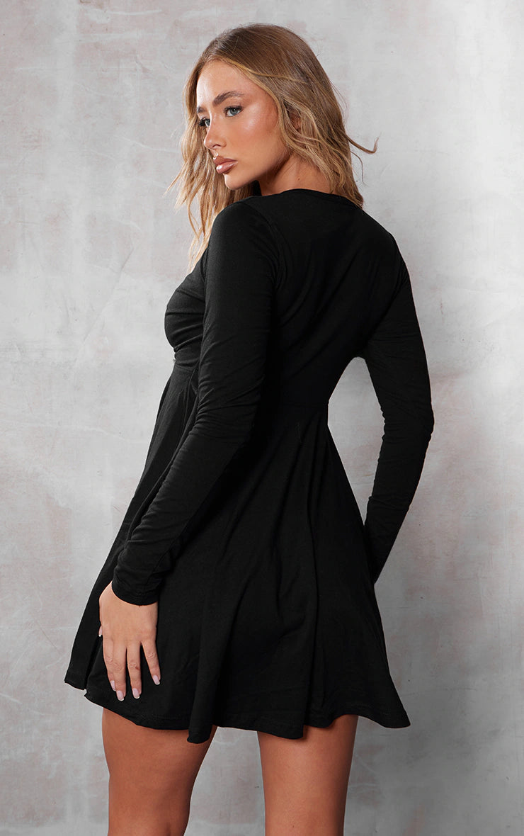 Black Cotton Wrap Long Sleeve Skater Dress