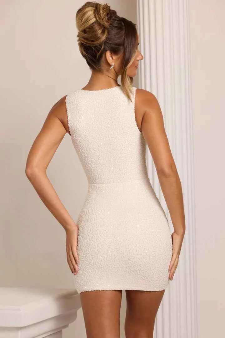 Ohpolly - Embellished Square Neck Mini Dress in White