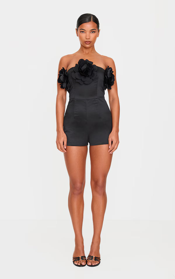 Black Satin Floral Corsage Detail Bandeau Romper