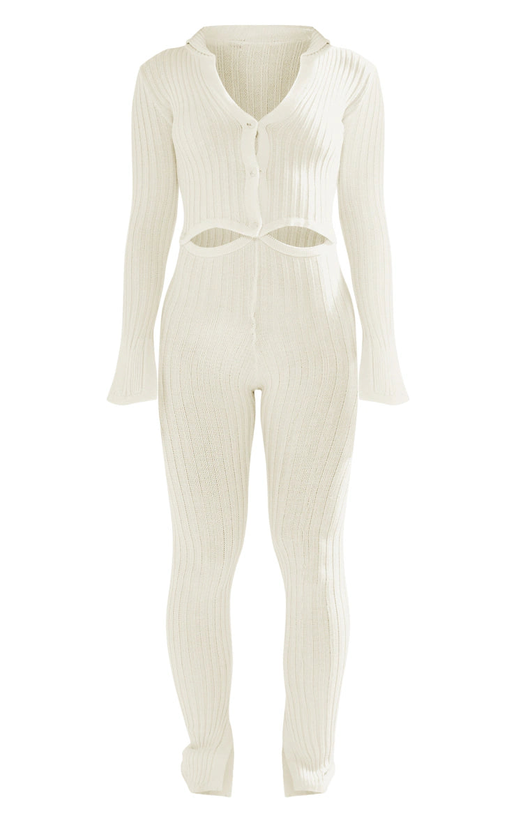 Petite Cream Knitted Button Detail Flared Jumpsuit