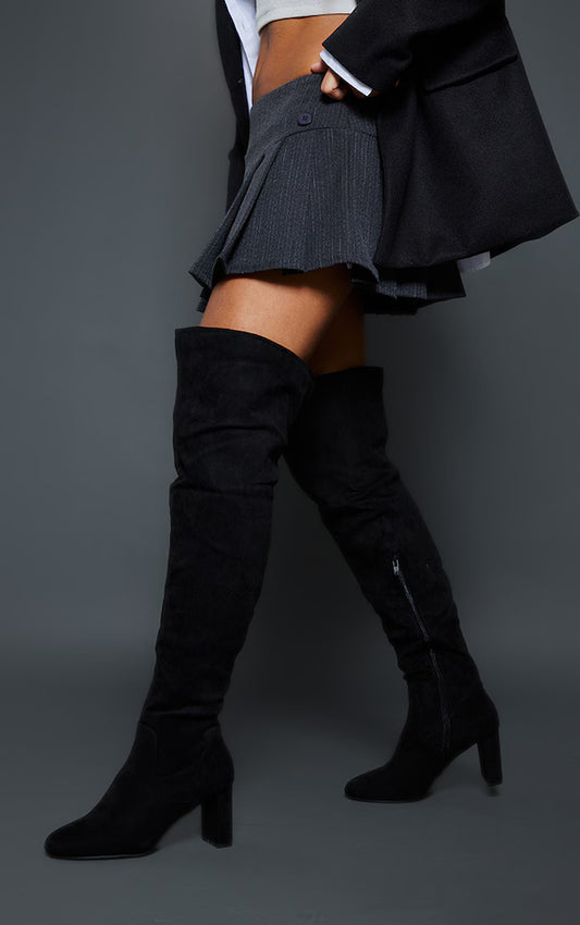 Black Faux Suede Stitch Detail High Block Heeled Over The Knee Boots
