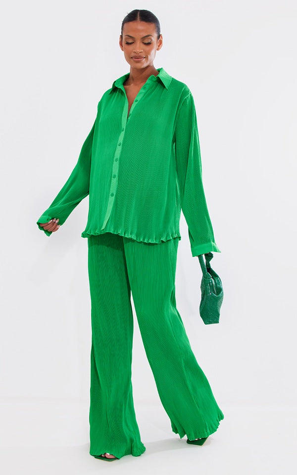 Bright Green Plisse High Waisted Wide Leg Pants