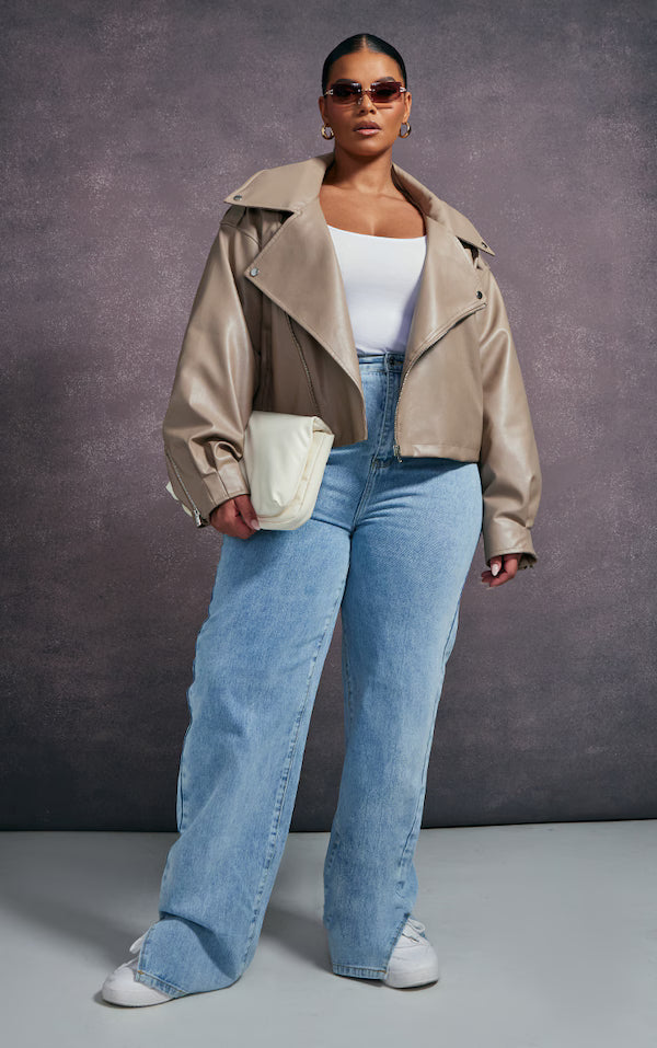 Plt - Plus Taupe Faux Leather Quilted Lining Oversized Biker Jacket
